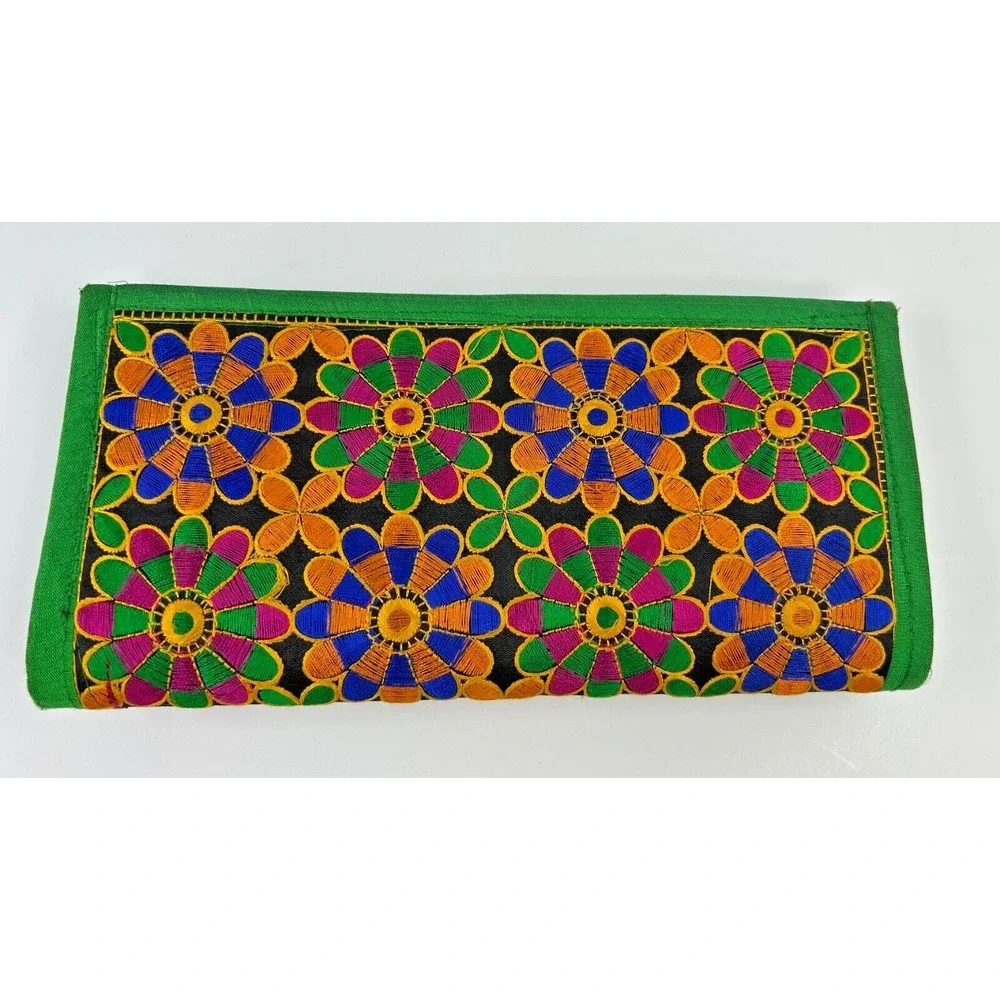 Indian Needlepoint/Embroidered Silk Wallet Clutch Floral 6 Pockets Phone Fits A+